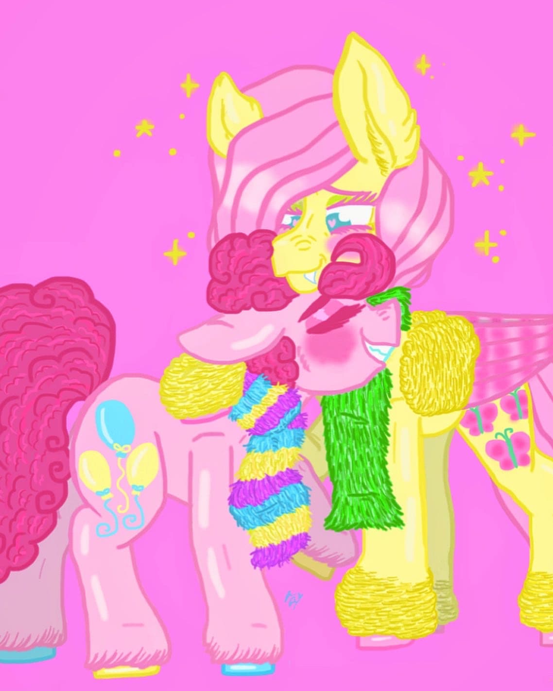 Pinkie and Fluttershy Knitted Scarves — Fan Art, Digital, Cartoon Characters